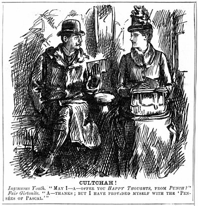 女性のための大学教育の利点。1887年12月8日の『パンチ』ロンドン版に掲載されたジョージ・デュ・モーリアの漫画。鉄道車両に乗った若い男性が、ケンブリッジ大学ガートン校の卒業生に、旅の間の軽い読書を勧めている。彼女は優雅に辞退する。 作： George du Maurier