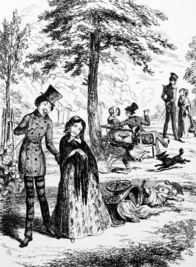 フランス系イギリス人の漫画家・作家であるジョージ・デュ・モーリア（1834-1896）が描いた、恋人と歩く家政婦を描いた漫画。 作： George du Maurier