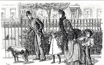 ビクトリア朝時代のロンドンの街を歩く家族を描いた漫画 作： George du Maurier