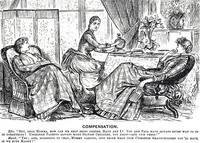 ハンドル式ミシンを使う女性を描いた漫画 作： George du Maurier