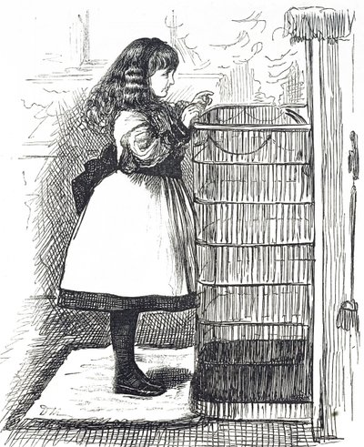 大きな防火壁の前に立つ少女を描いた漫画 作： George du Maurier
