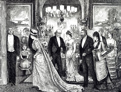 ビクトリア朝の家での優雅な晩餐会を描いた漫画 作： George du Maurier