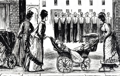兵舎の前を馬車で走る保母さんたちを描いた漫画 作： George du Maurier
