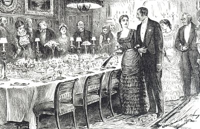 若いカップルがダイニングルームに入る様子を描いた「Going into Dinner」というタイトルの漫画 作： George du Maurier