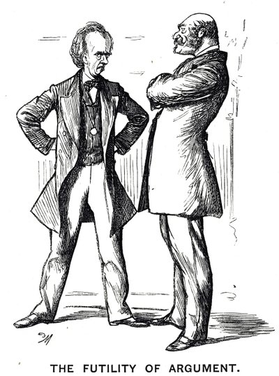 The Phrenology Argument - Again」というタイトルの漫画に「The Futility of Argument」というキャプションがついている。 作： George du Maurier