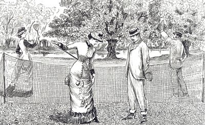 新品のラバーシューズに違和感を覚える女性テニスプレイヤーを描いた銅版画 作： George du Maurier