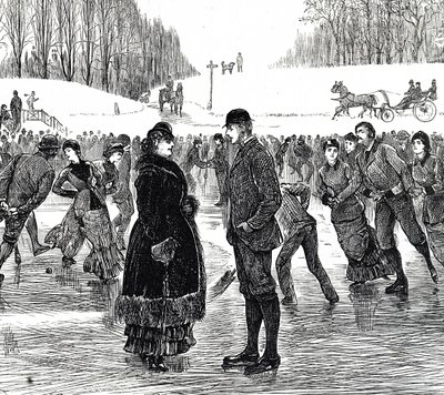 アイススケートをする中年のカップルを描いた版画 作： George du Maurier