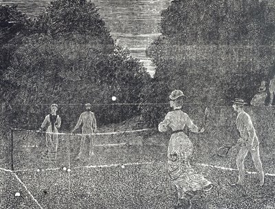テニスプレーヤーに推奨される白リン塗料の使用方法を描いたエングレービング 作： George du Maurier