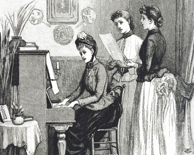 客間で歌う若い女性たちを描いたエングレーヴィング 作： George du Maurier