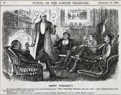 喫煙室に集まり、食後の葉巻を吸う紳士たち。ジョージ・デュ・モーリアの漫画、1886年ロンドンの「パンチ」より。 作： George du Maurier