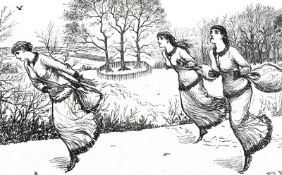 兎と猟犬のために道を作る少女たちを描いたイラスト 作： George du Maurier