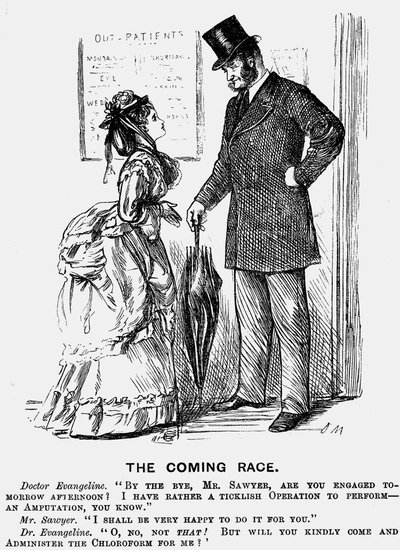 来るべきレースに向けて未来の外科医。1872年9月14日、ロンドンの『パンチ』に掲載されたジョージ・デュ・モーリアの漫画で、医療従事者の女性が同僚の男性から受けるであろう見下した態度を示している。エングレーヴィング。 作： George du Maurier