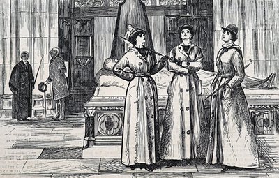 フルレングスのコートを着た3人の女性、美術館にて 作： George du Maurier