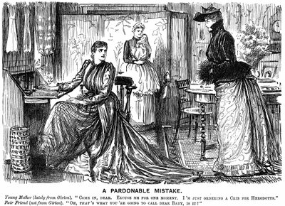 大学教育を受けた女性が、教育を受けていない友人との会話を混乱させる。George du Maurier cartoon from Punch London 7 December 1889.エングレーヴィング 作： George du Maurier