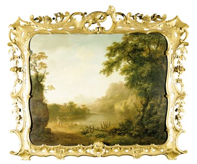 フォアグラウンドと向こうの村に人物がいるイタリアンウッドの樹木が茂った川の風景、1755年 作： George the Elder Barret
