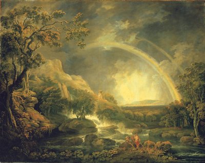 滝の下のプールの横に釣り人がいて、虹が茂る広大な樹木が茂った川の風景 作： George the Elder Barret