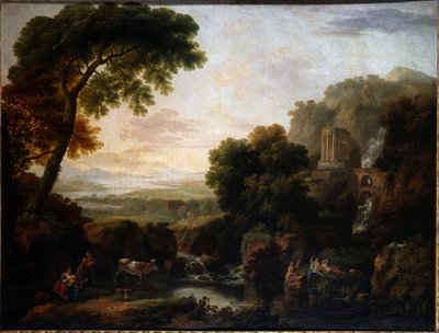 チボリ、羊飼い、羊飼いと牛のカプリッチョの景色を望むイタリア風の風景 作： George the Elder Barret