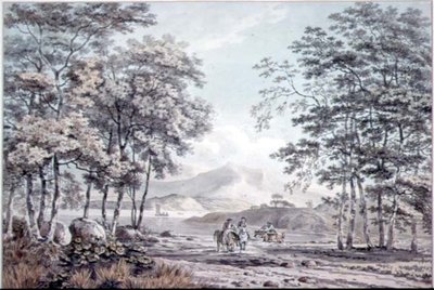 川と人物のいる風景 作： George the Elder Barret