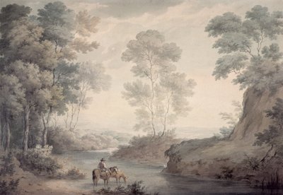 川と馬に水をまく風景 作： George the Elder Barret