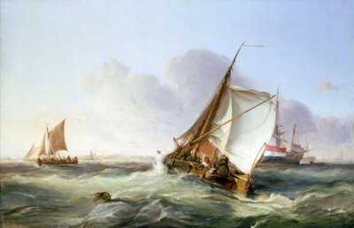 風に浮かぶボエイア（オランダの商業用帆船）。キャンバスに油彩 作： George the Elder Chambers