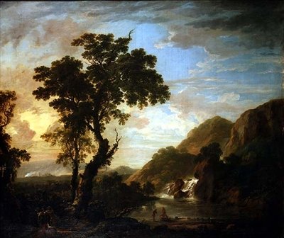 手前に人物、向こうに滝のある森の川の風景 作： George the Younger Barret