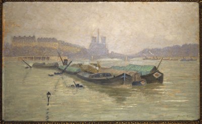 サン・ルイ島とノートルダム寺院、オーステルリッツ橋からの眺め、1910年頃（絵画） 作： Georges Émile Carette