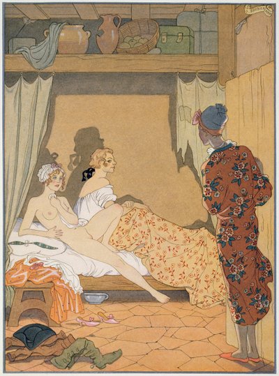 寝室のシーン、1920年代に出版されたピエール・チョデルロス・デ・ラクロス（1741-1803）による「Les Liaisons Dangereuses」のイラスト（ポショワールプリント） 作： Georges (after) Barbier