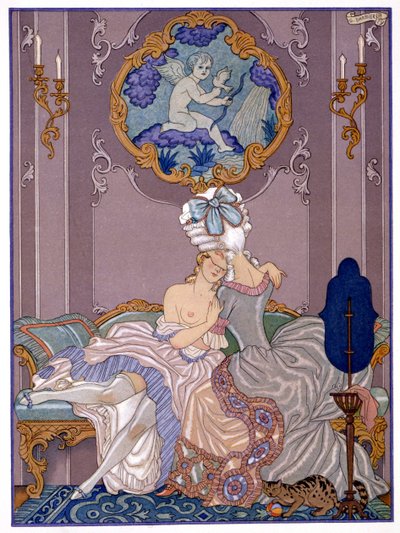 1920年代に出版されたピエール・チョデルロス・ド・ラクロス（1741-1803）による「Les Liaisons Dangereuses」の寝室のシーン（ポショワールプリント） 作： Georges (after) Barbier