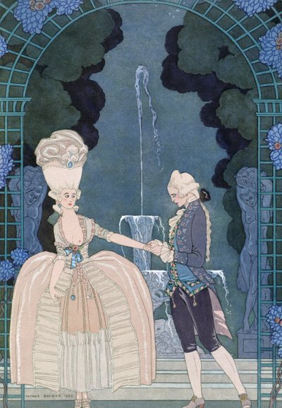 噴水の下の愛、ポール・ヴェルレーヌ作「Fetes Galantes」のイラスト（1844-96）1928年（ポショワールプリント） 作： Georges (after) Barbier
