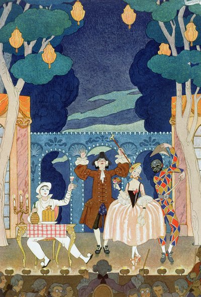 パントマイム ステージ、ポール ヴェルレーヌ作「Fetes Galantes」のイラスト (1844-96) 1924 年 (ステンシル プリント) 作： Georges (after) Barbier