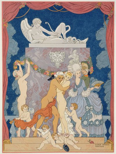 1920年代に出版されたピエール・チョデルロス・ド・ラクロ（1741-1803）による「Les Liaisons Dangereuses」のシーン（ステンシルプリント） 作： Georges (after) Barbier