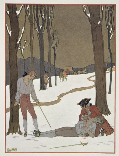 ヴァルモンとダンセニーの決闘、1920年代に出版されたピエール・チョドレルロス・デ・ラクロス（1741-1803）による「Les Liaisons Dangereuses」のイラスト（ポショワールプリント） 作： Georges (after) Barbier