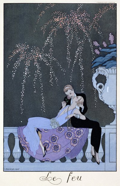 火、Paul Verlaine（1844-96）による「Fetes Galantes」のイラスト、1924年（ステンシルプリント） 作： Georges (after) Barbier