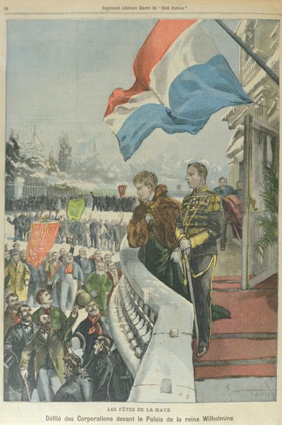 オランダ女王ヴィルヘルミナとメクレンブルク公ヘンリーとの結婚を祝うハーグの企業行列、1901年2月（カラーリトグラフ） 作： Georges (after) Carrey