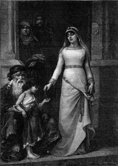 ブランシュ・ド・カスティーユ、フランス王妃（1188年～1252年）、「貧しき者の愛」の異名を持つ（1879年）。ジョルジュ・モロー・ド・トゥール（1848-1901）が描いた絵をもとにしたエングレーヴィング（7月9日付「The Illustrous World」1267号掲載 作： Georges (after) Moreau de Tours
