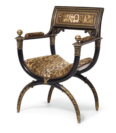 Directory curuleアームチェア、1795年頃（ヒョウ柄の布張りを施した黒檀と金色の木材） 作： Georges (attr. to) Jacob