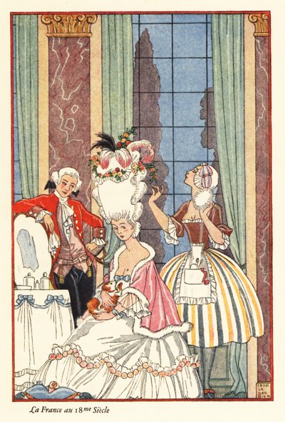 18 世紀のフランスのトイレで高貴な女性。 1928年（版画） 作： Georges Barbier