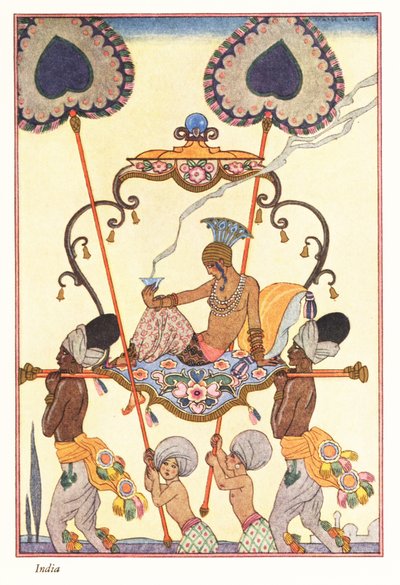 高貴な女性が駕籠で香を焚く、古代インド 1928年 (版画) 作： Georges Barbier