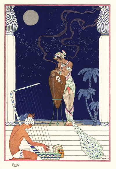 1928年古代エジプトの焼けた香りのする女王が立っている（版画） 作： Georges Barbier
