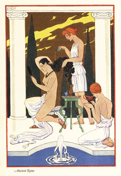 奴隷が愛人の髪に香油を注ぐ、古代ローマ 1928 年 (版画) 作： Georges Barbier