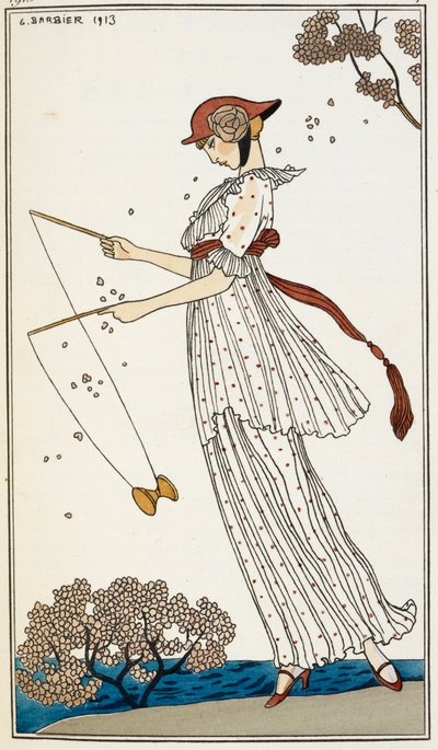 おもちゃで遊ぶプリントの白いリネンのドレスを着た女性 作： Georges Barbier