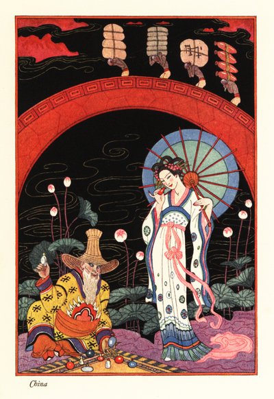 香水フラスコの匂いがするラッカーパラソルの若い女性 作： Georges Barbier