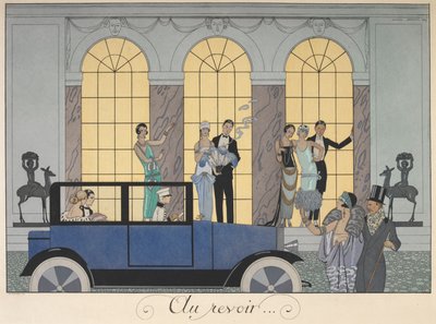 Au revoir。 車で出発する人々。 イブニング ドレスの人々。 作： Georges Barbier