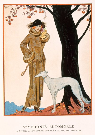 「ガゼット・ド・ボントン」No.9より ワース作 秋の交響曲 アフタヌーンコートとドレス 作： Georges Barbier