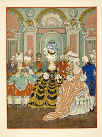 舞踏会のシーン、ピエール・チョデルロス・ド・ラクロス作「Les Liaisons Dangereuses」のイラスト（1741-1803）1934年（ステンシルプリント） 作： Georges Barbier