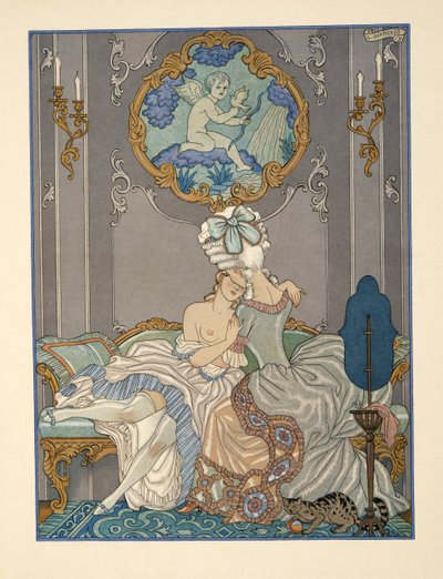 Pierre Choderlos de Laclos (1741-1803) パブの「Les Liaisons Dangereuses」の寝室のシーン。 1934年（ステンシルプリント） 作： Georges Barbier