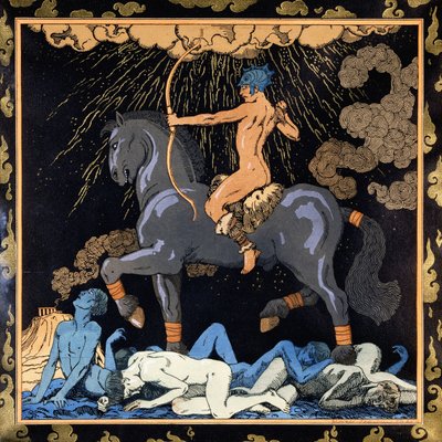 黒馬に乗る者、1917～1920年頃（ステンシル） 作： Georges Barbier