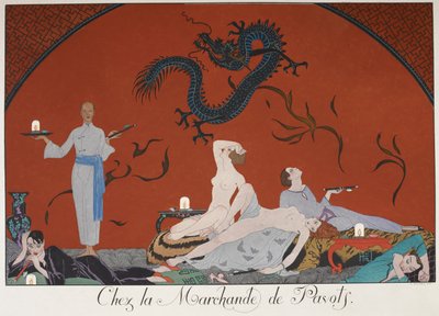 Chez la Marchande de Pasots。 部屋に横たわっている裸の人もいます。 中国の装飾。 作： Georges Barbier