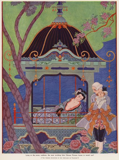 パビリオンで横たわっている中国の王女（カラーリソ） 作： Georges Barbier