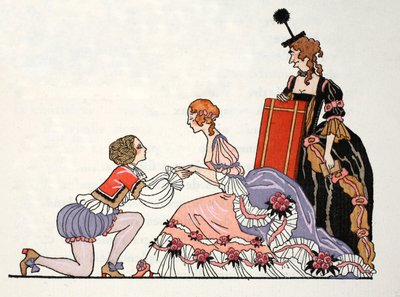 チャーミング王子とシンデレラ、継母が見守る (ポチョワールプリント) 作： Georges Barbier